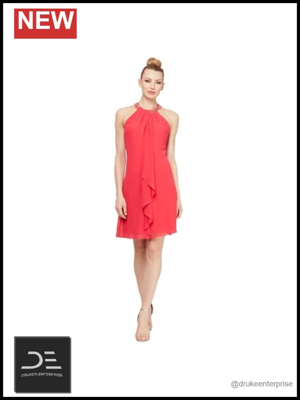 Sleeveless Halter Sheath Dress with Beaded Collar Ruffle Front